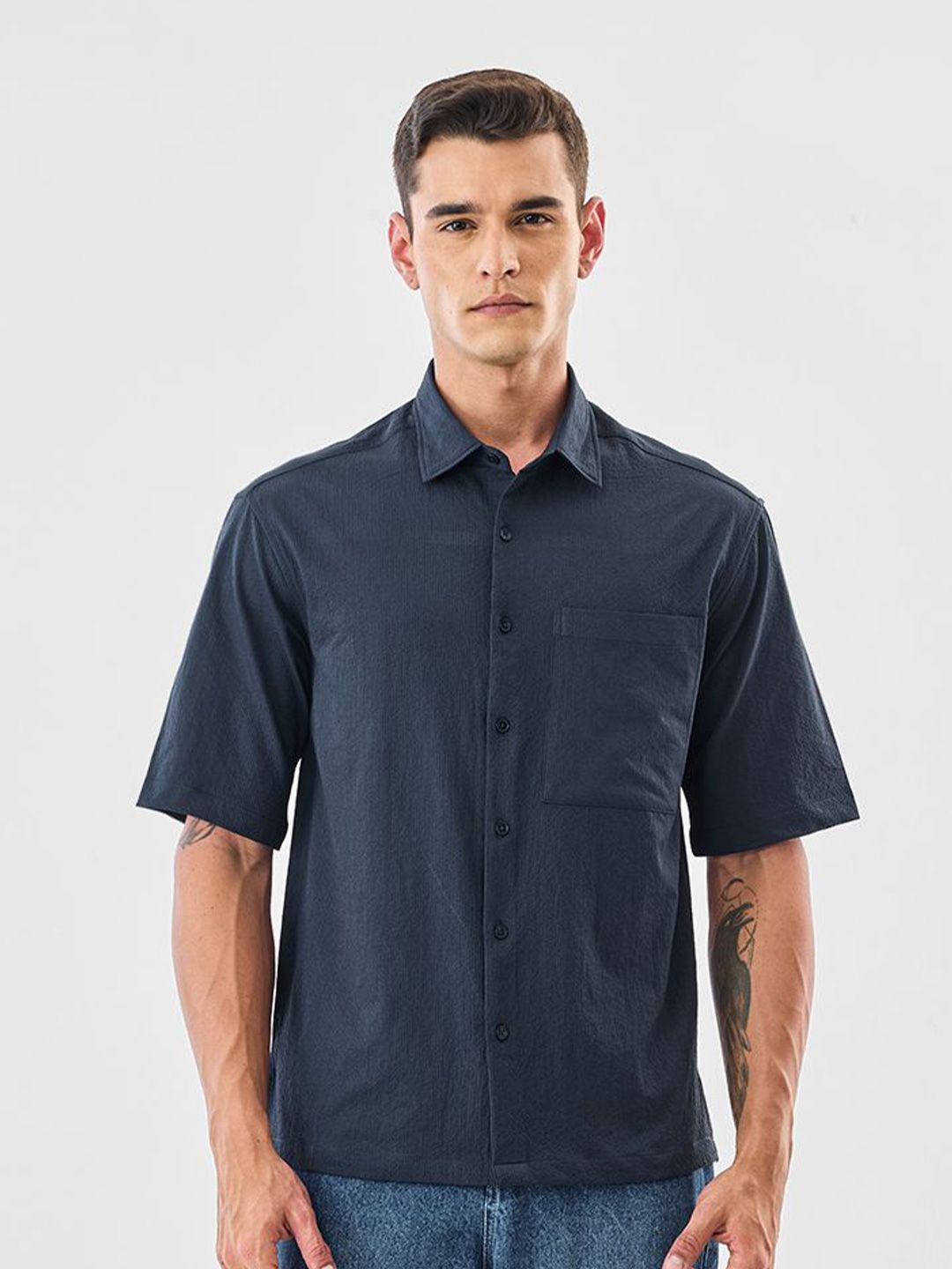 Snitch Men Oversized Fit Textured Spread Collar Casual Shirt-picture-28