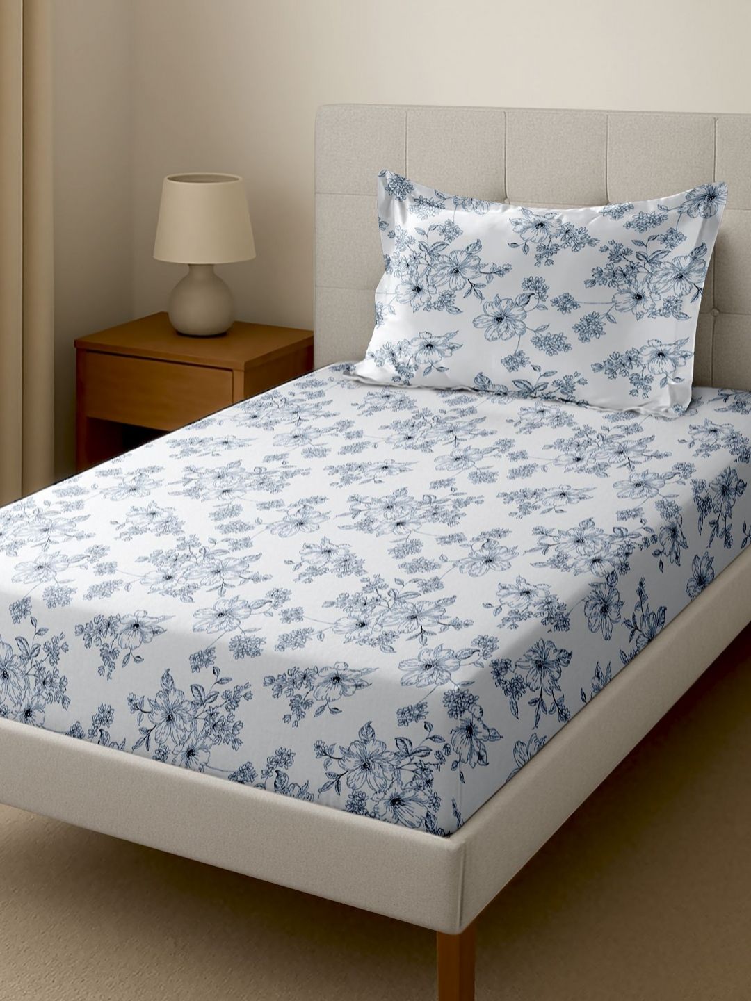 Florida Blue & White Floral 160 TC Single Bedsheet with 1 Pillow Covers-image-45