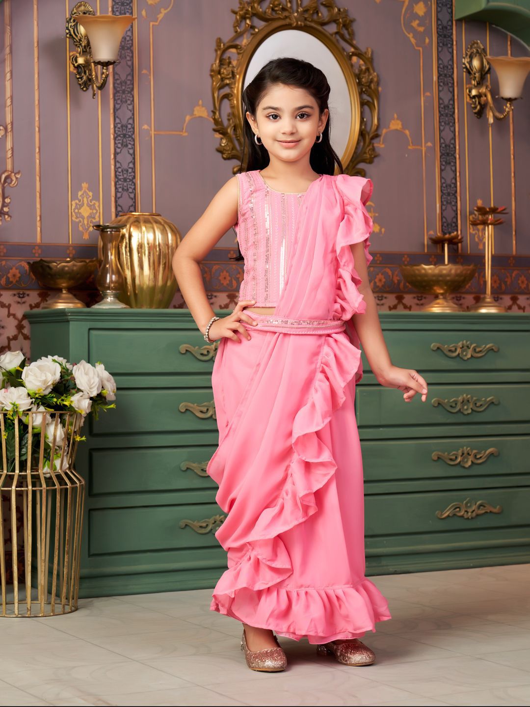 BAESD Girls Solid Ready to Wear Lehenga Saree With Attached Dupatta-picture-35