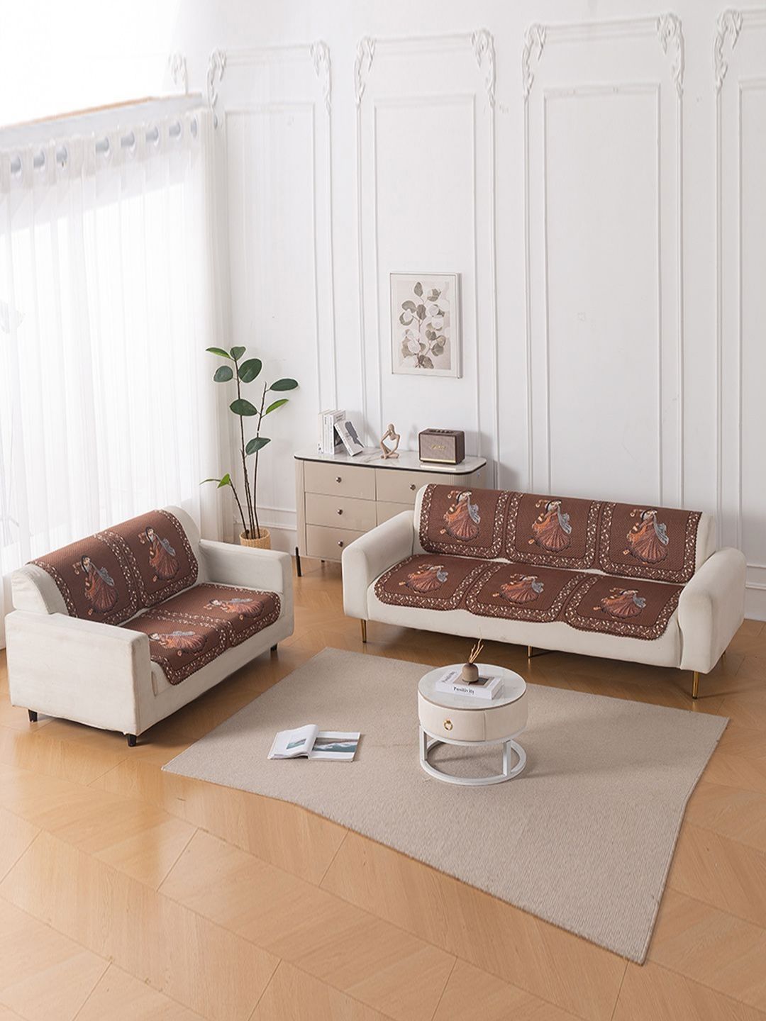 HOKIPO Brown & Blue 4 Pieces Printed Sofa Cover-picture-22
