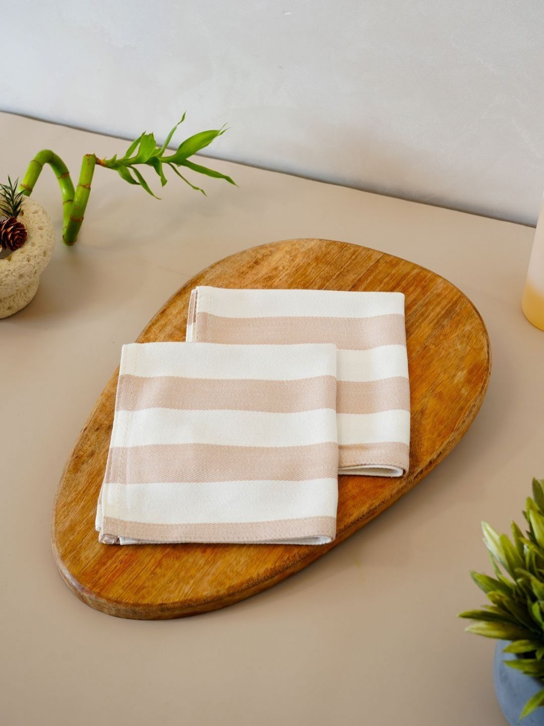 DEBAANS Beige & White 2 Pieces Striped 250 GSM Hand Towels-image-36