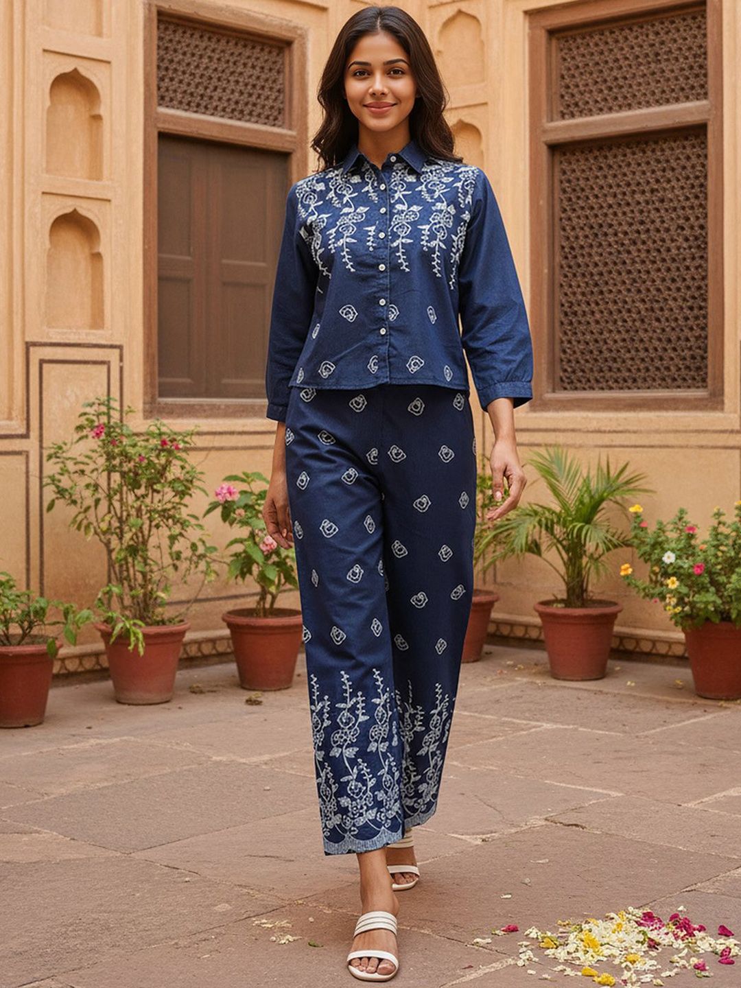 ZUMMER Floral Embroidered Shirt Collar Pure Cotton Shirt With Trousers-picture-26