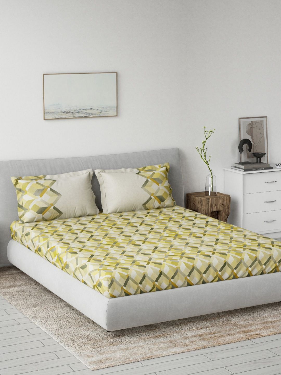 DDecor Yellow & White Printed Pure Cotton 144 TC King Bedsheet Set 2.29m x 2.74m-picture-21