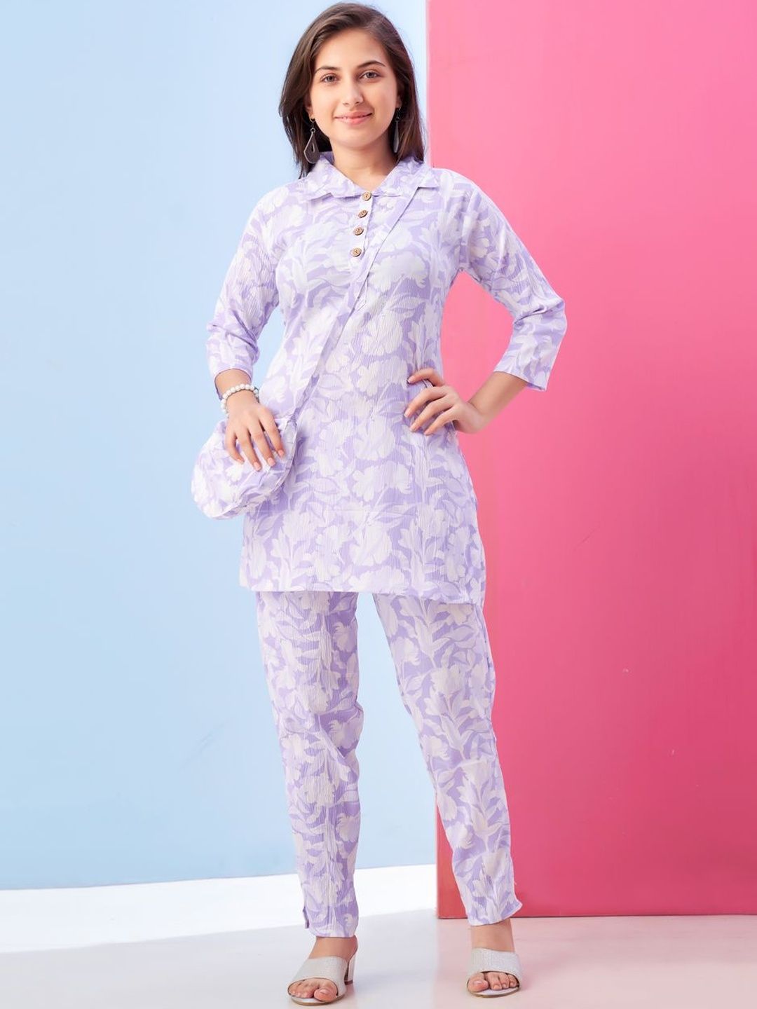Muhuratam Girls Casual Wear Light Purple Colour Floral Print Polyester Co-ord Set-picture-21