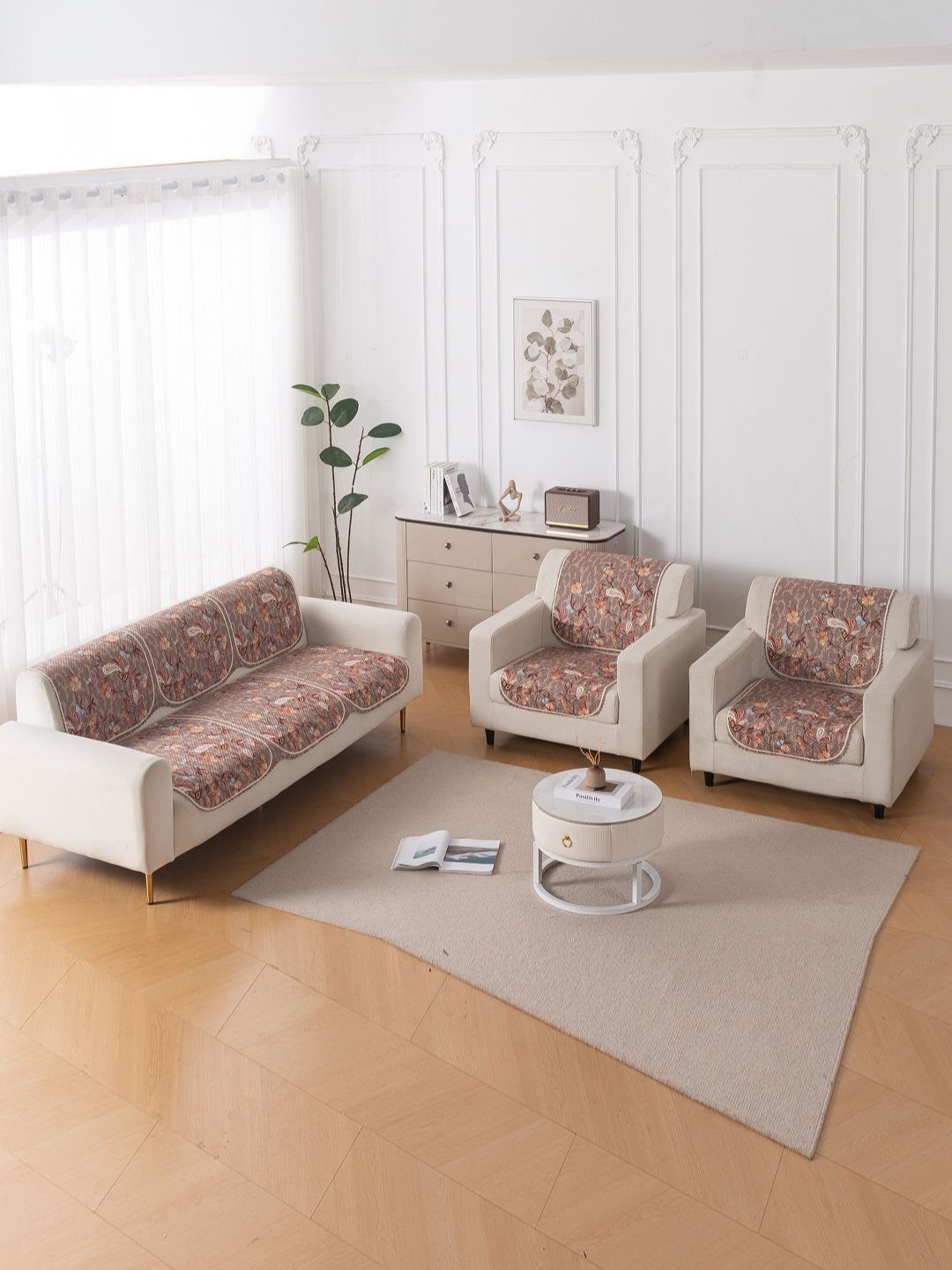 HOKIPO HeavenHue Brown & Grey 6 Pieces Printed 5 Seater Sofa Covers-picture-29