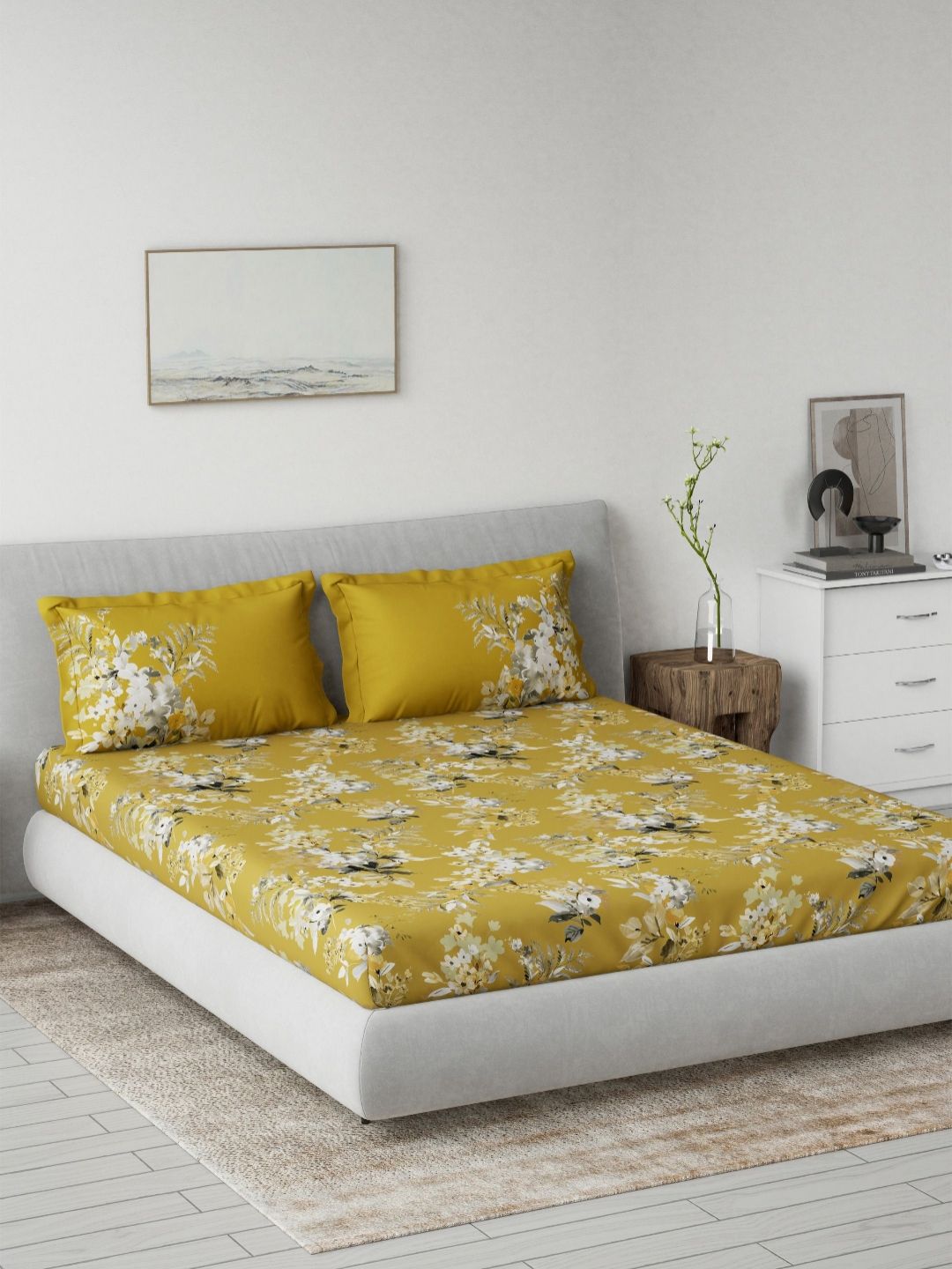 DDecor Yellow & Grey Printed Pure Cotton 144 TC King Bedsheet Set 2.29m x 2.74m-image-9