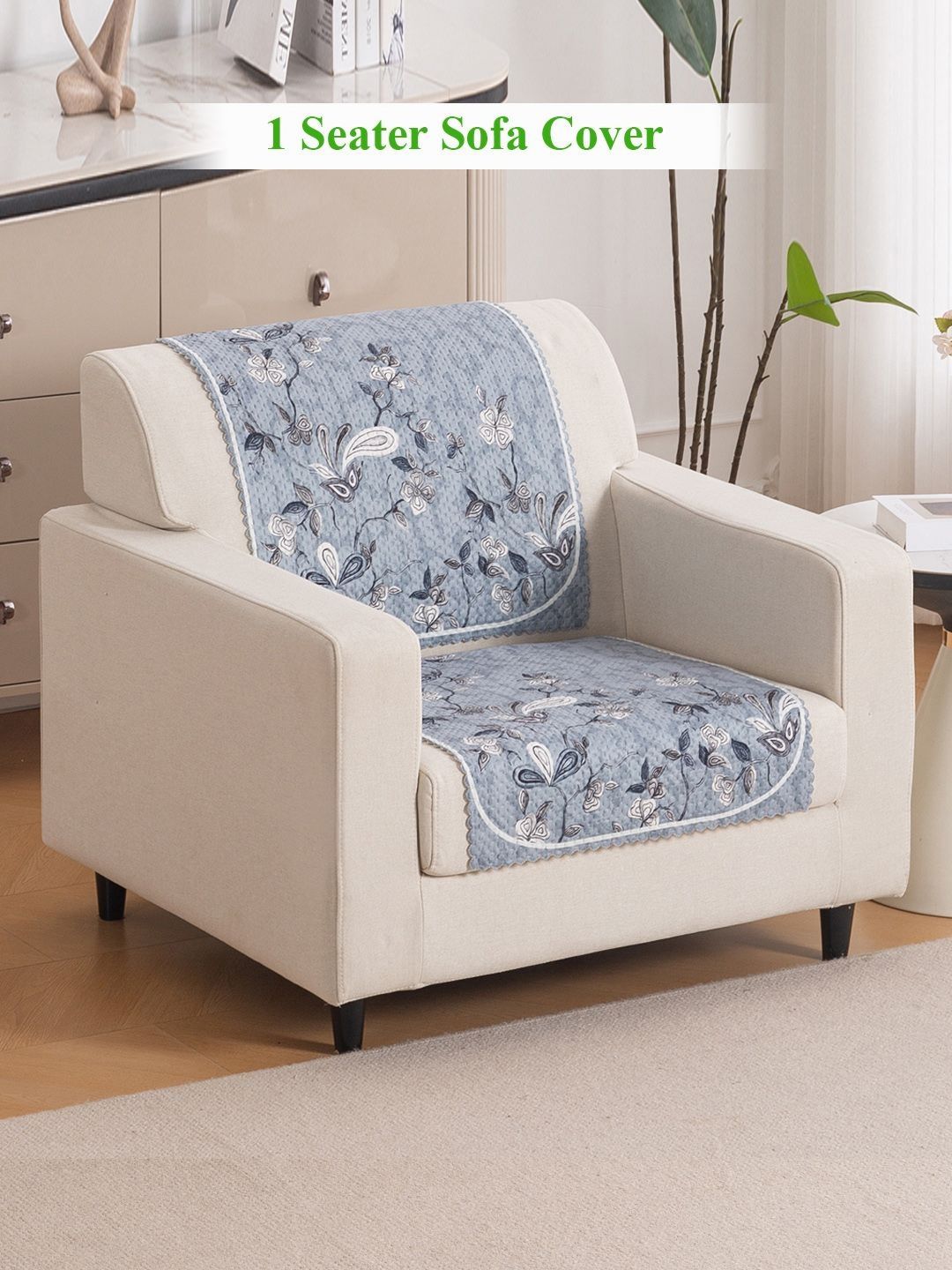HOKIPO HeavenHue Grey & White 2 Pieces Printed 1 Seater Sofa Covers-picture-33