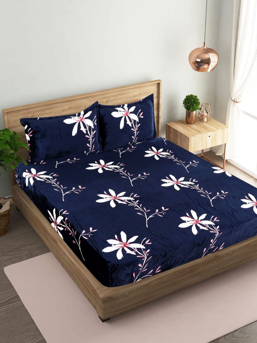 BLUEDOT Blue & White Printed Velvet 300 TC Fitted Double Bedsheet Set 1.98 m x 1.82 m-image-46