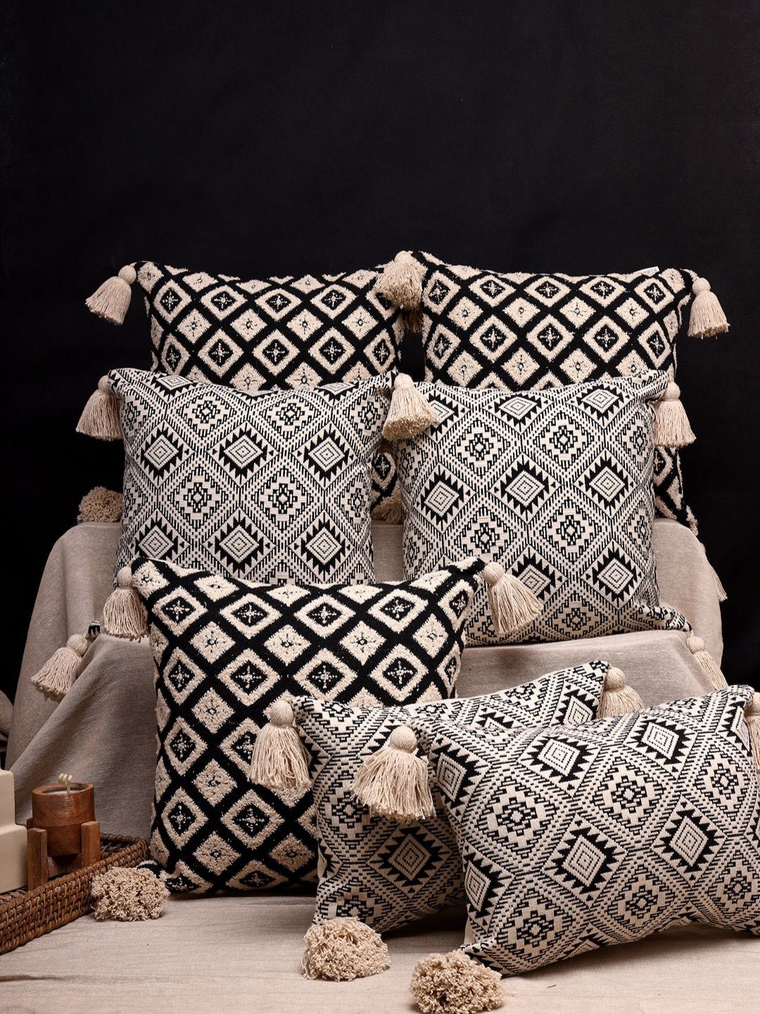 ANWYN Black & Beige 7 Pcs Geometric Textured Jacquard Square Tasselled Cushion Covers-image-46