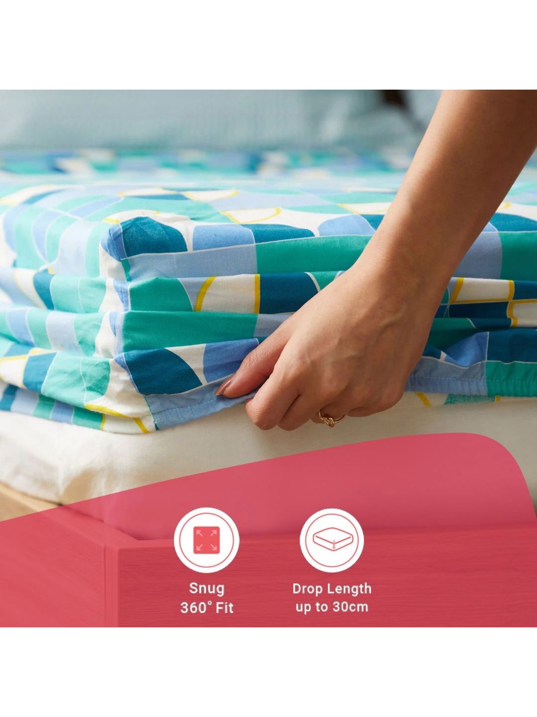 LIVSPACE Blue & Green Geometric 144 TC Cotton Double Queen Bedsheet Set 1.98 m x 1.58 m-picture-46