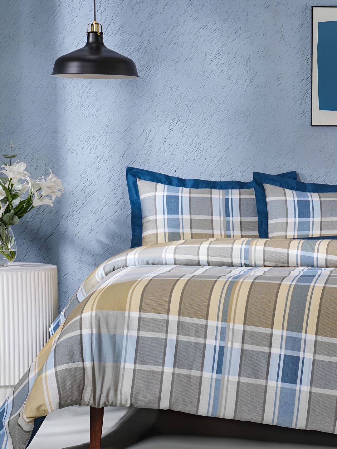 MASPAR Brown & Blue Checked 200 TC Pure Cotton King Bed Duvet Cover With 2 Pillow Covers-image-22