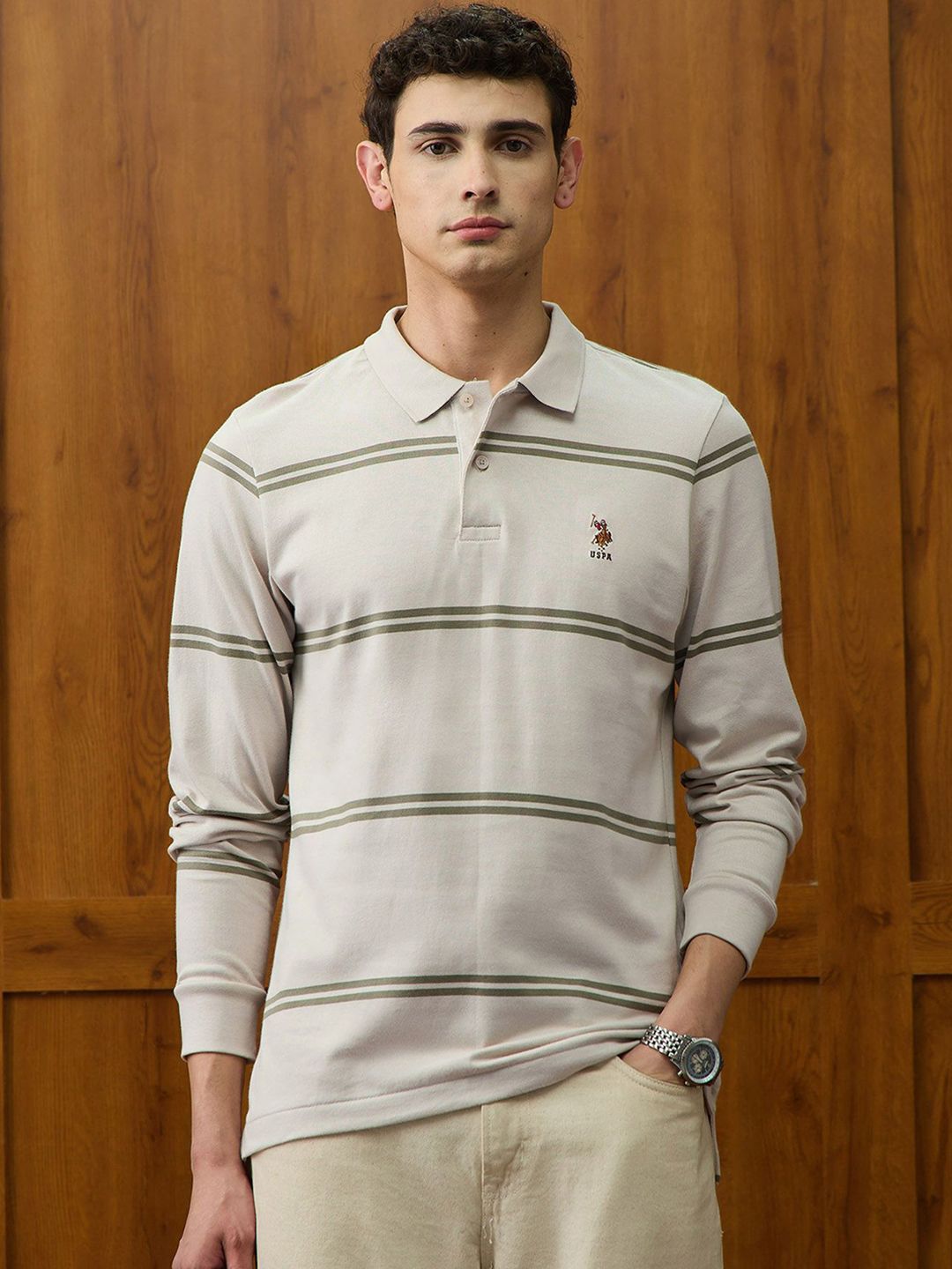 U.S.Polo Association Men Beige Horizontal Striped Polo Collar Long Sle