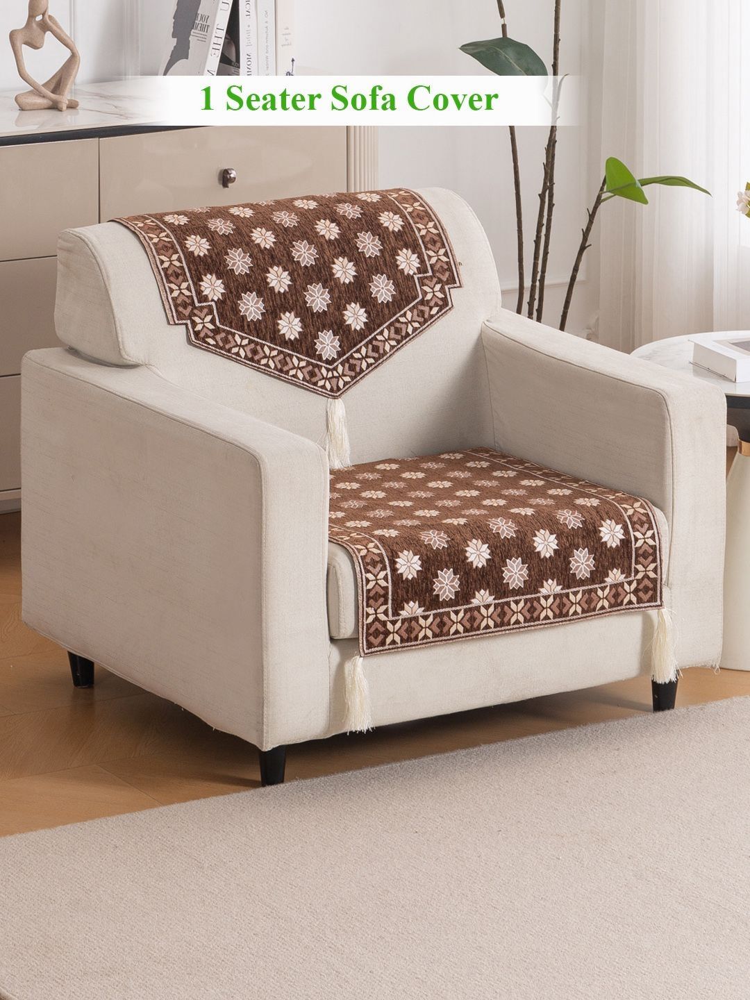 HOKIPO Russet Brown Floral Premium Jacquard 1 Seater Sofa Cover for Seat and Back-picture-56
