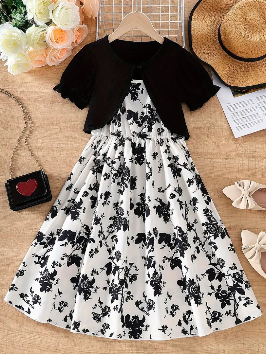 Kidotsav Girls Floral Printed Monochrome Puff Sleeves Round Neck Fit & Flare Dress-picture-30