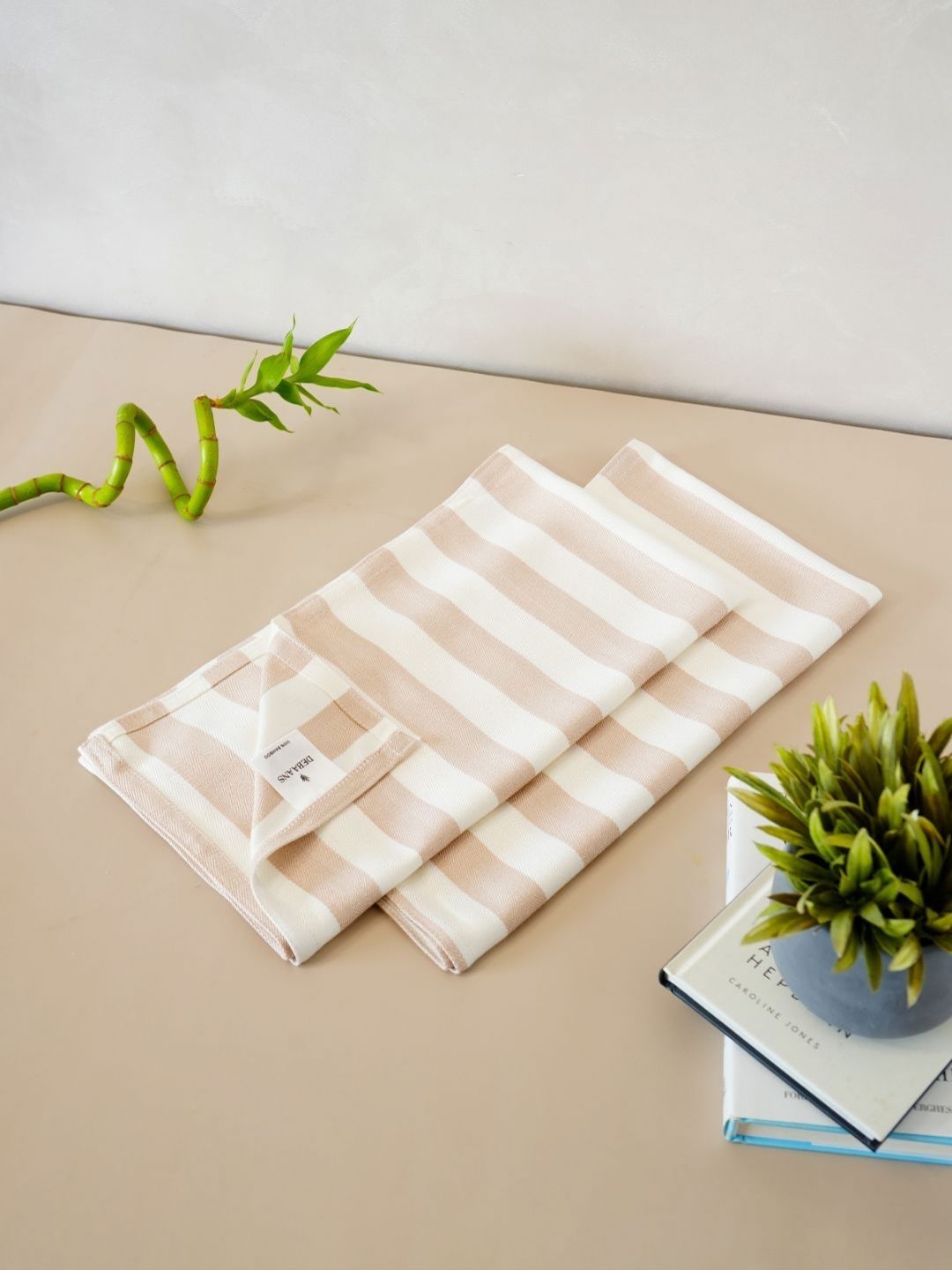 DEBAANS Cream & White 2 Pieces Striped 250 GSM Hand Towels-image-6