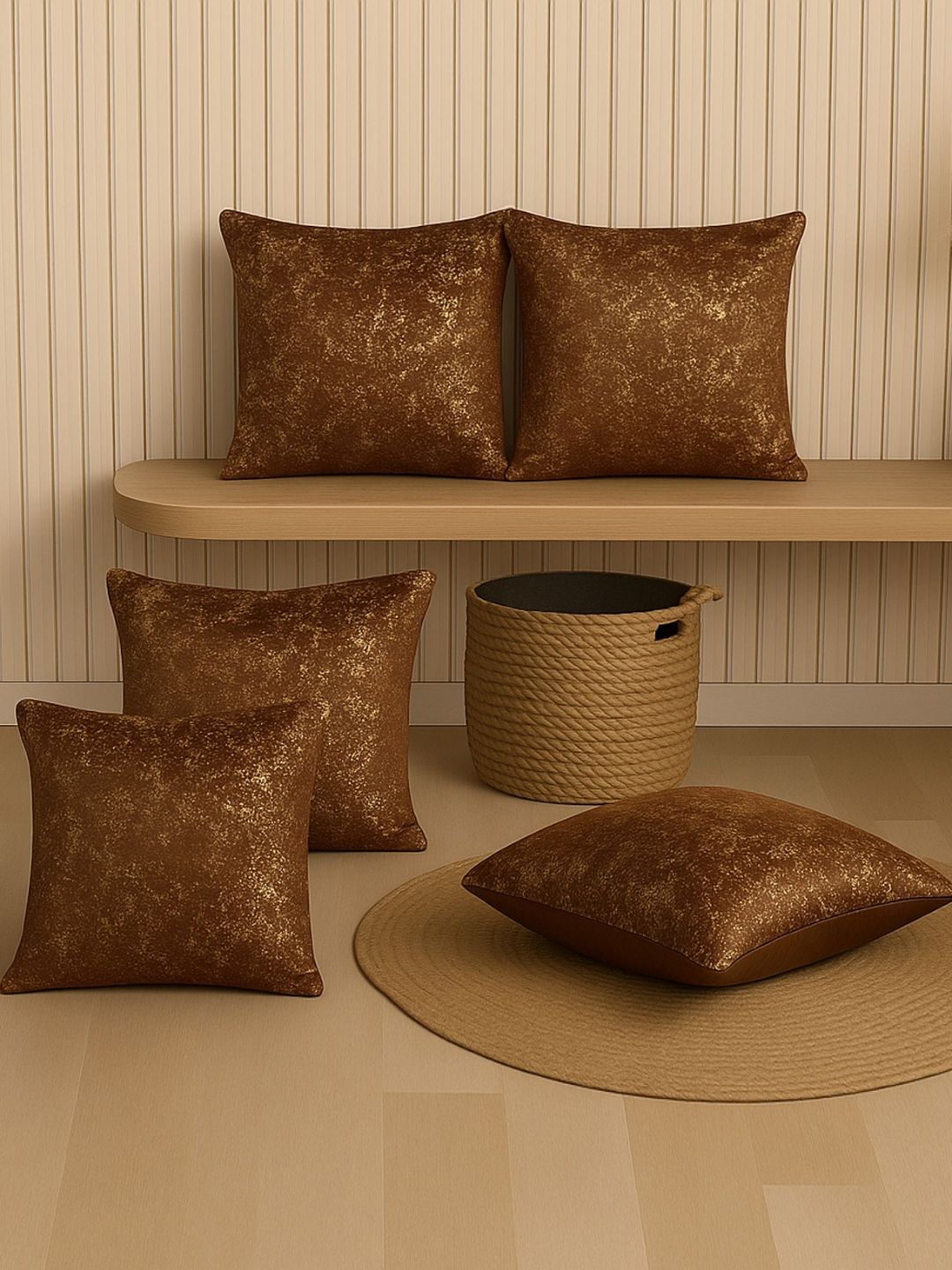 MFD HOME FURNISHING Brown 5 Pieces Jacquard Square Cushion Covers-image-32