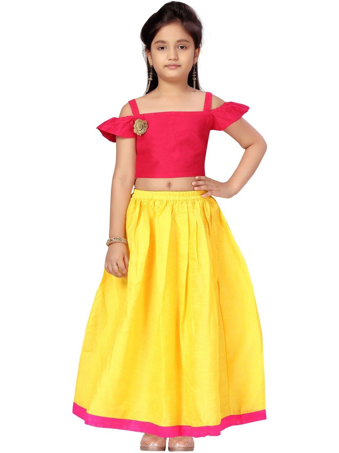 Muhuratam Girls Rani & Yellow Silk Ethnic Lehenga Choli Set-picture-32