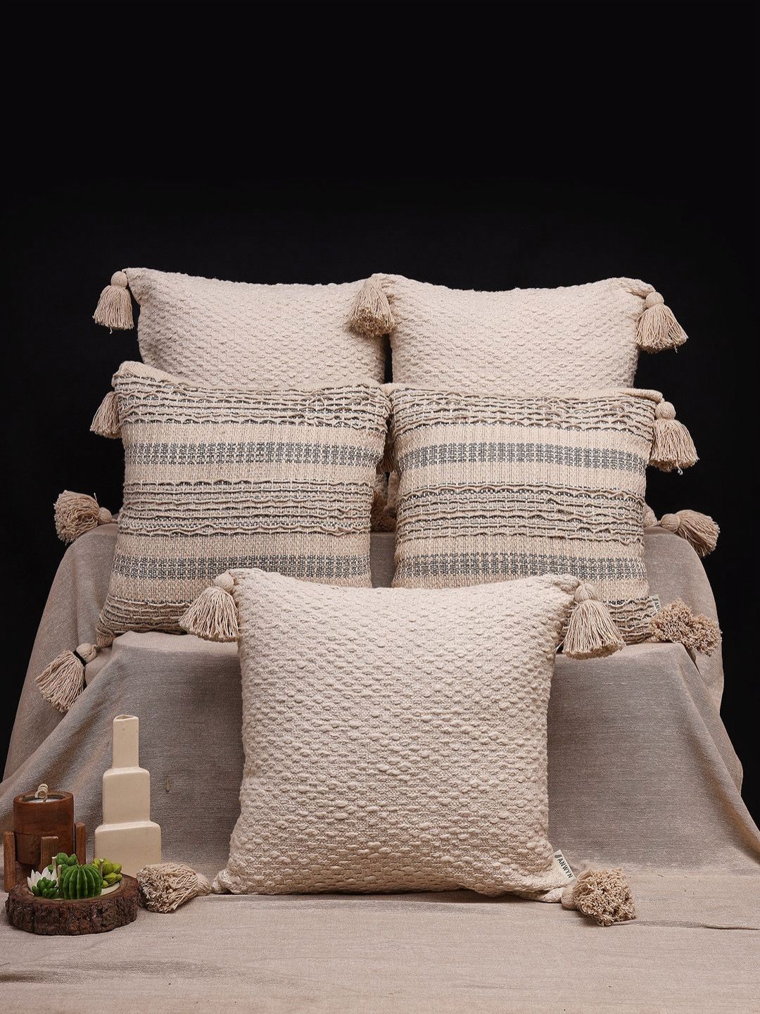 ANWYN Cream & Grey 5 Pcs Self Design Textured Jacquard Square Tasselled Cushion Covers-image-15
