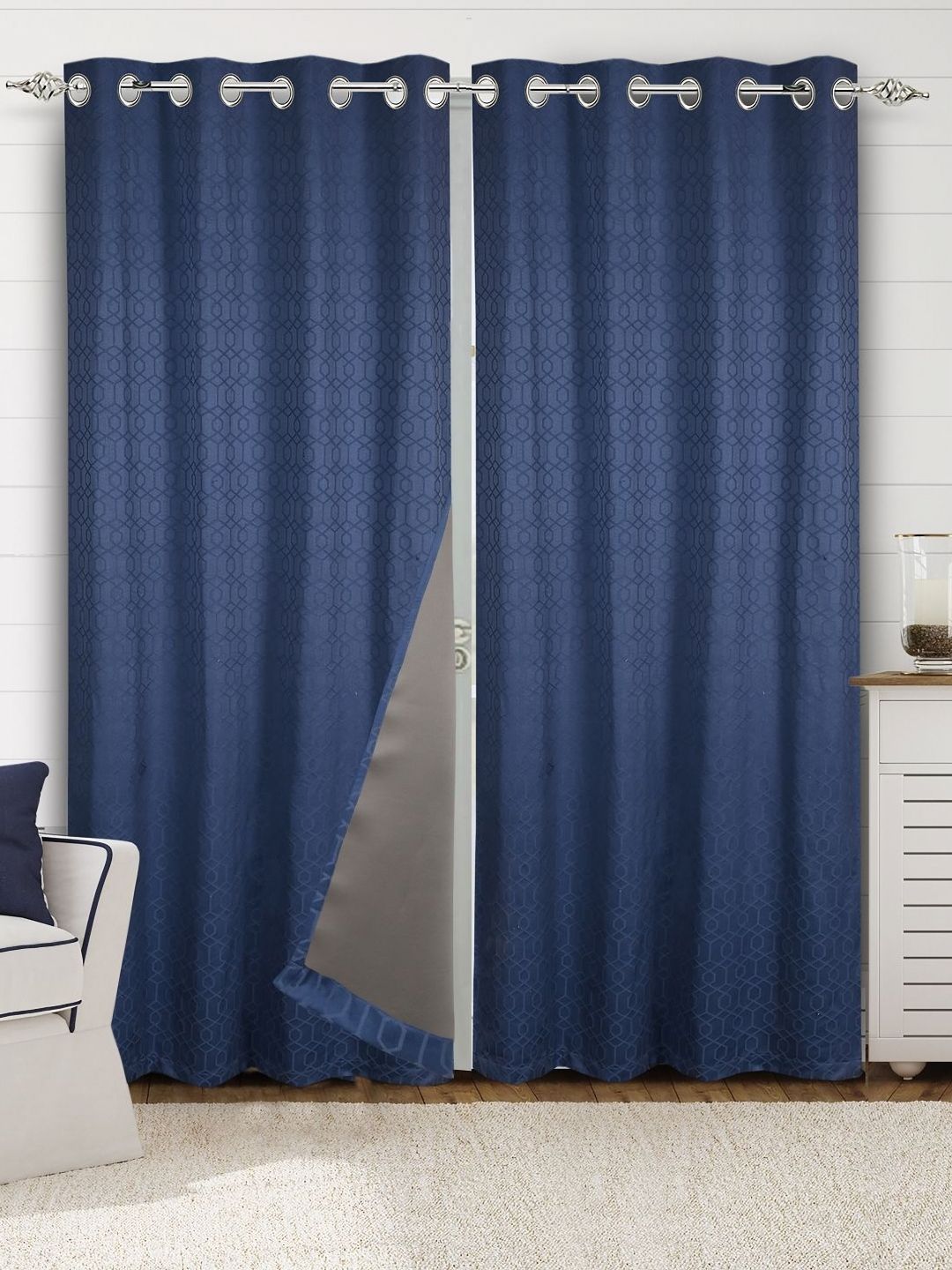 Saral Home Blue & Grey 2 Pieces Geometric Printed Cotton Black Out Long Door Curtains-picture-21