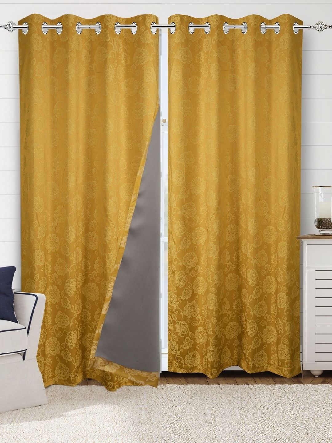Saral Home Yellow & Grey 2 Pieces Floral Printed Cotton Black Out Long Door Curtains-picture-26