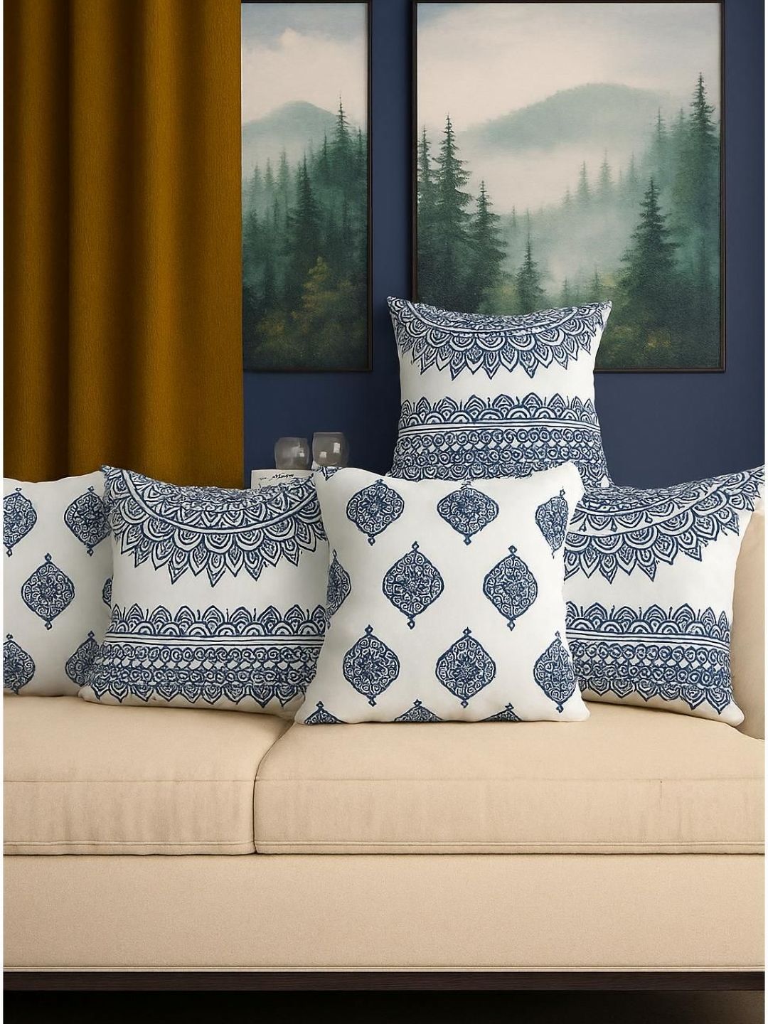 Aura White & Blue Set of 5 Quirky Square Cushion Covers-picture-28