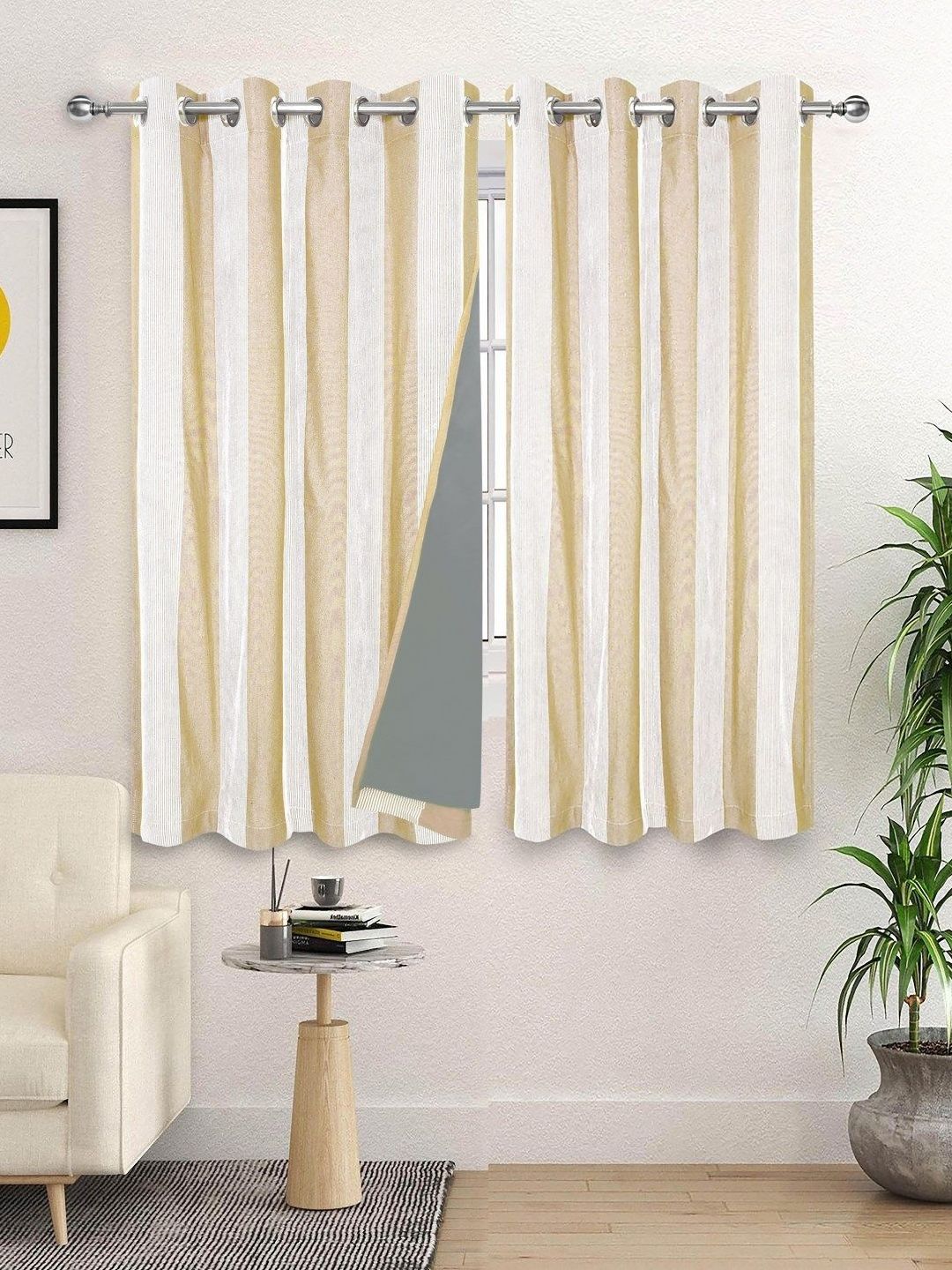 Saral Home White And Beige 2 Pieces Striped Black Out Cotton Window Curtains-picture-12