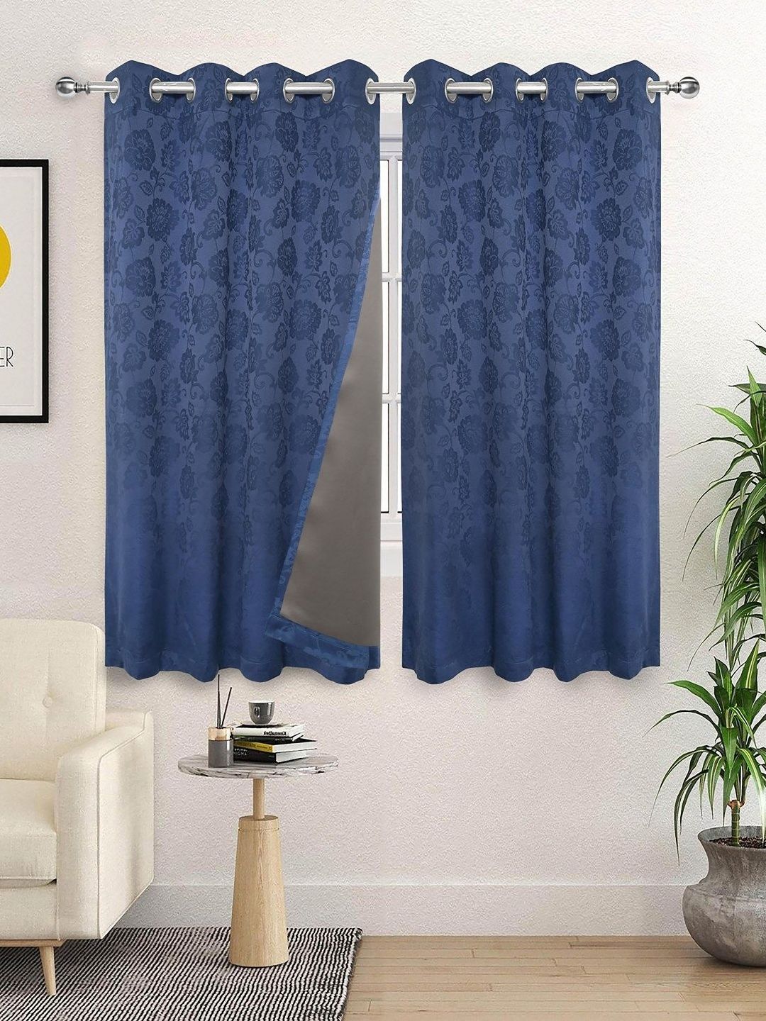 Saral Home Blue Set Of 2 Floral Printed Cotton Black Out Window Curtains-picture-18