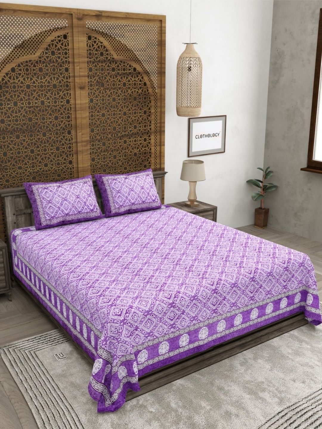 CLOTHOLOGY Purple & White Floral 180 TC King Bedsheet with 2 Pillow Covers-picture-30