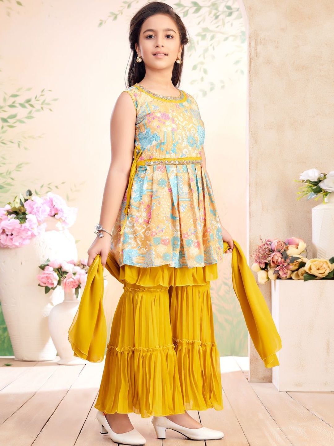muhuratam Ethnic Wear Mustard Floral Print/Hand Embriodery Georgette Kurti Sharara Set With Dupatta-picture-22
