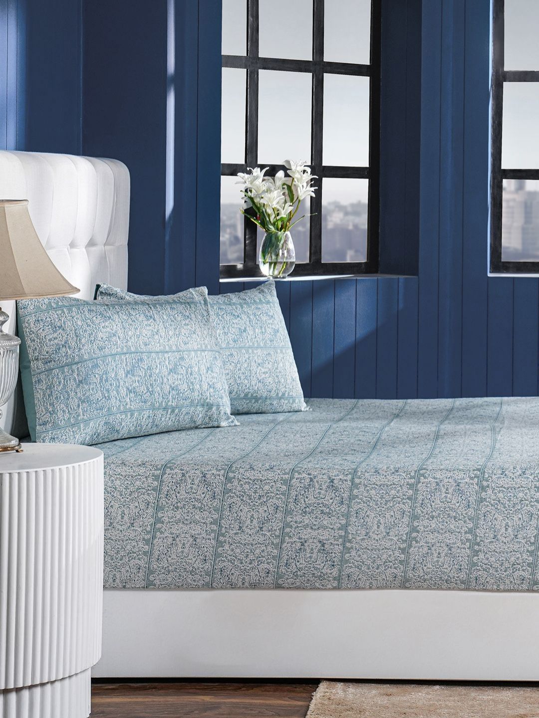 MASPAR Blue & White Floral Printed Cotton 400 TC King Bedsheet Set 2.75 m x 2.75 m-image-47