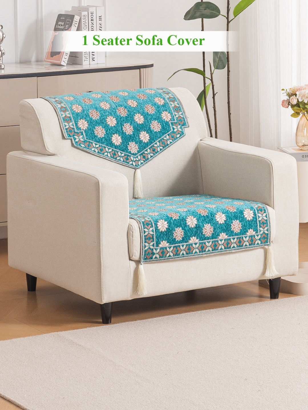 HOKIPO Emerald Teal Floral Premium Jacquard 1 Seater Sofa Cover for Seat and Back-image-2