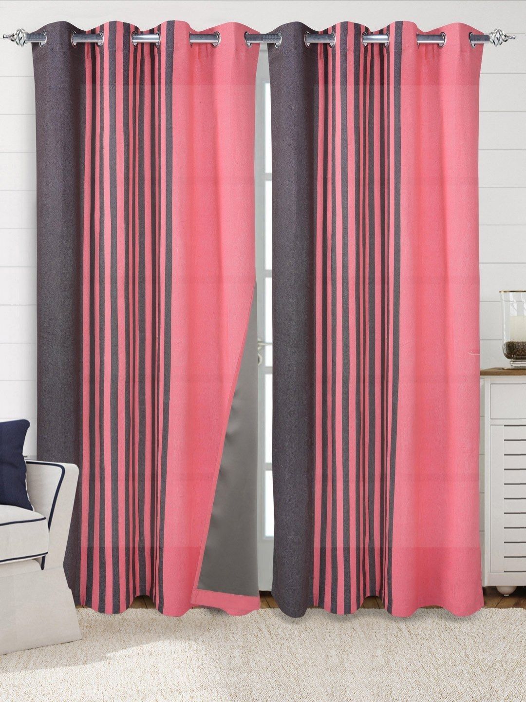 Saral Home Brown & Pink 2 Pieces Striped Cotton Black Out Non-Fading Door Curtains-picture-30