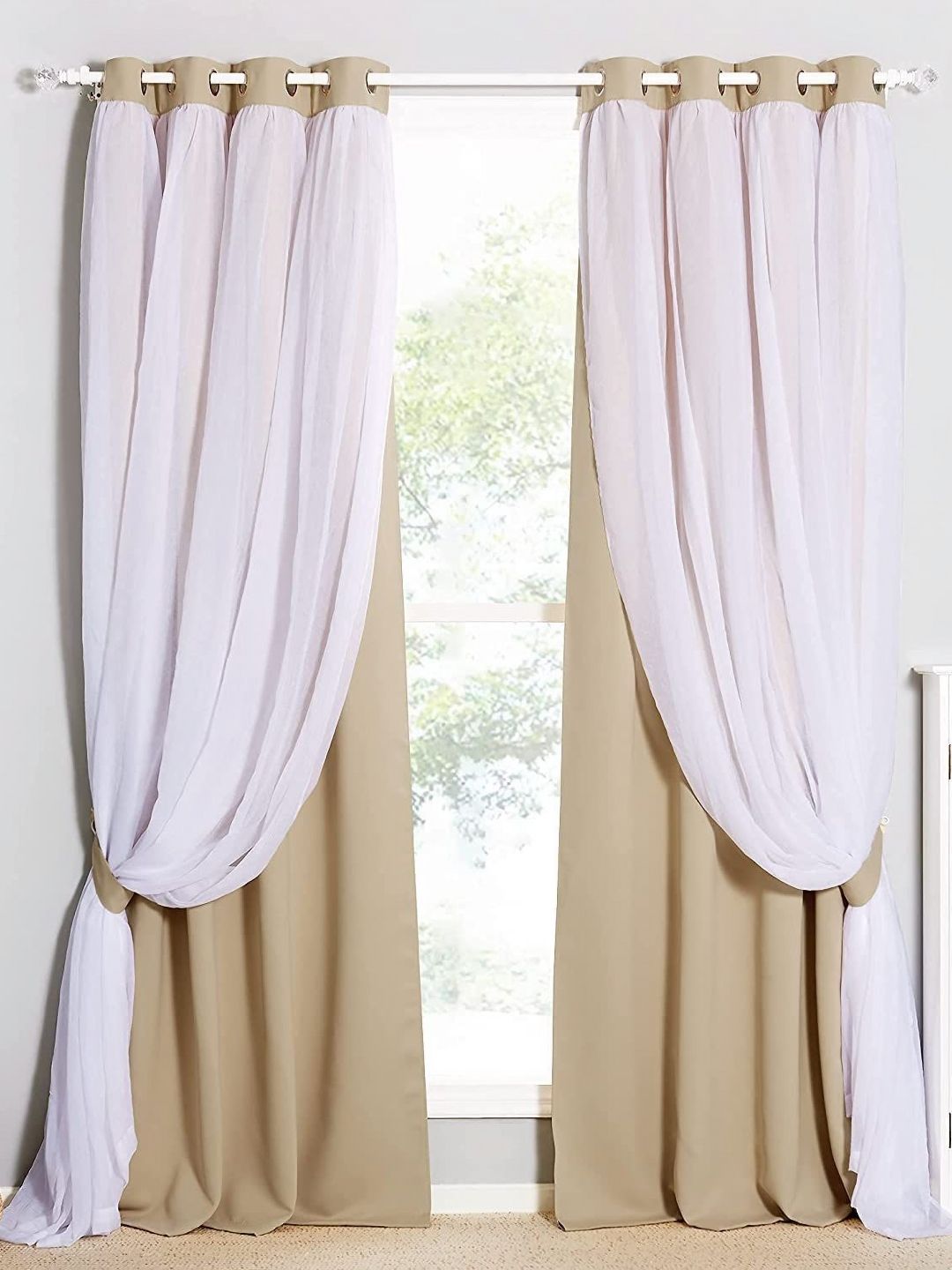 BFAM Beige & White 2 Pieces Black Out Window Curtains-image-28