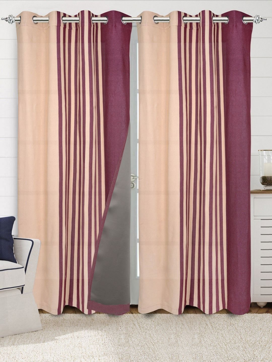 Saral Home Maroon & Beige 2 Pieces Striped Black Out Cotton Door Curtains-picture-37