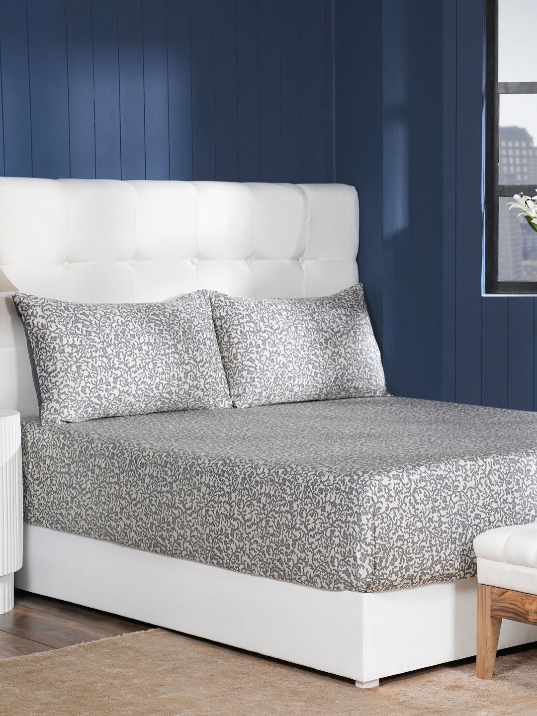 MASPAR Grey & White Floral Print Pure Cotton 400 TC King Size BedSheet Set 2.75 m x 2.75 m-picture-16