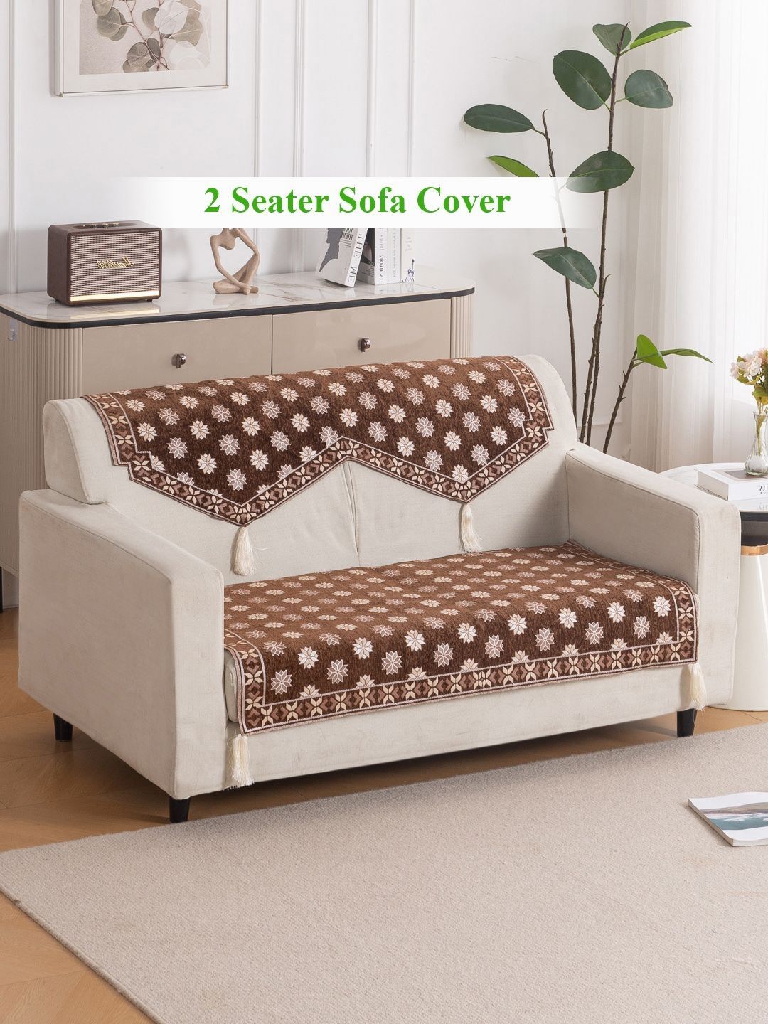 HOKIPO Russet Brown Floral Premium Jacquard 2 Seater Sofa Cover for Seat and Back-image-12