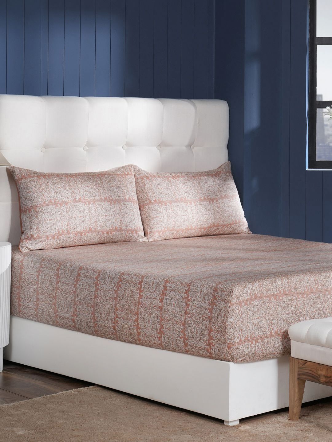 MASPAR Rust & White Ethnic Motifs Printed Cotton 400 TC King Bedsheet Set 2.75 m x 2.75 m-picture-13