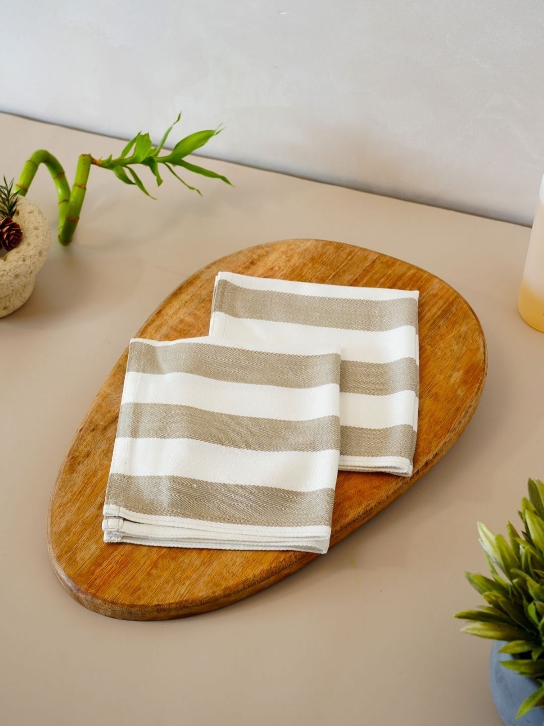 DEBAANS Olive & White 2 Pieces Striped 250 GSM Hand Towels-image-40