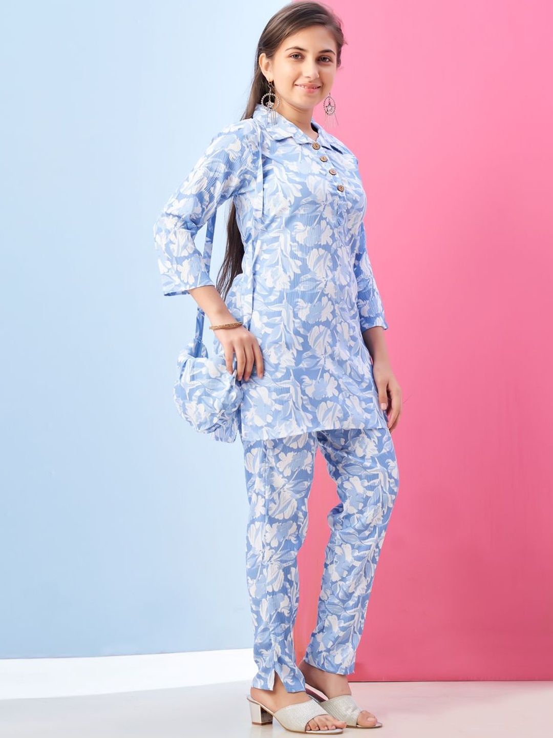 Muhuratam Girls Floral Printed Shirt Collar Top & Bottom Co-ord Set-picture-54