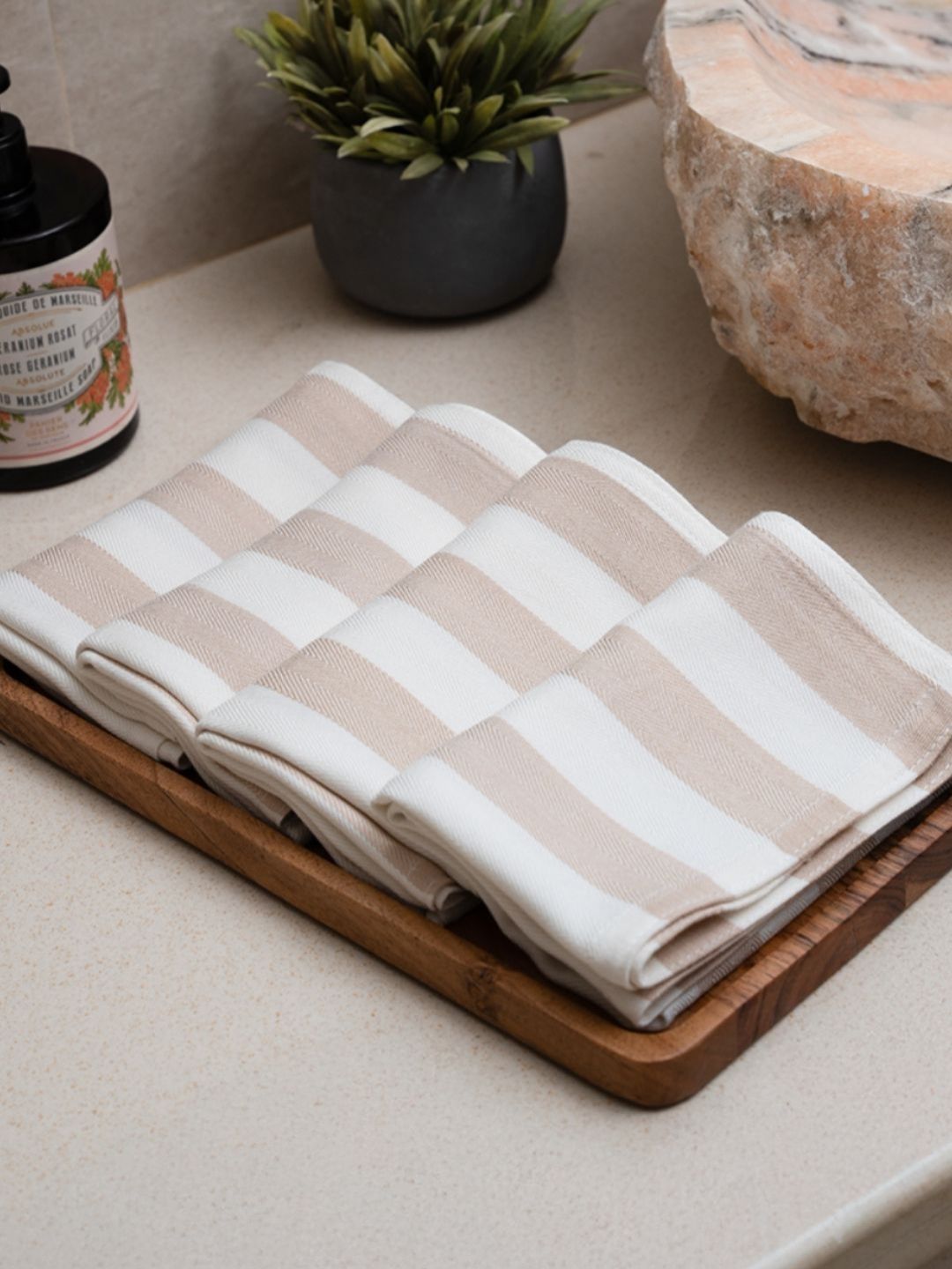 DEBAANS Cream & White 4 Pieces Striped 250 GSM Hand Towels-image-4