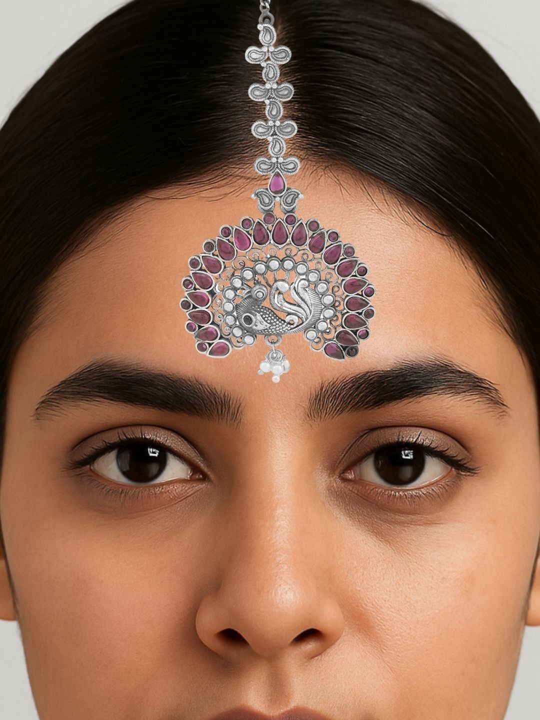 Sangria Silver-Plated Artificial Stones and Beads Studded Maang Tikka Head Jewellery-picture-19