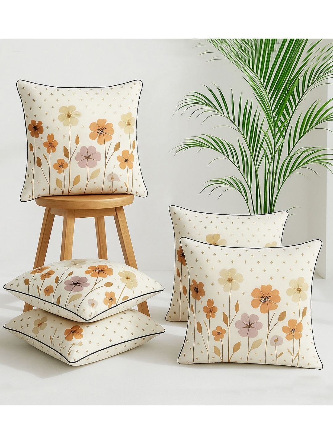 MFD HOME FURNISHING Cream-Coloured Set of 5 Floral Linen Square Cushion Covers-image-26