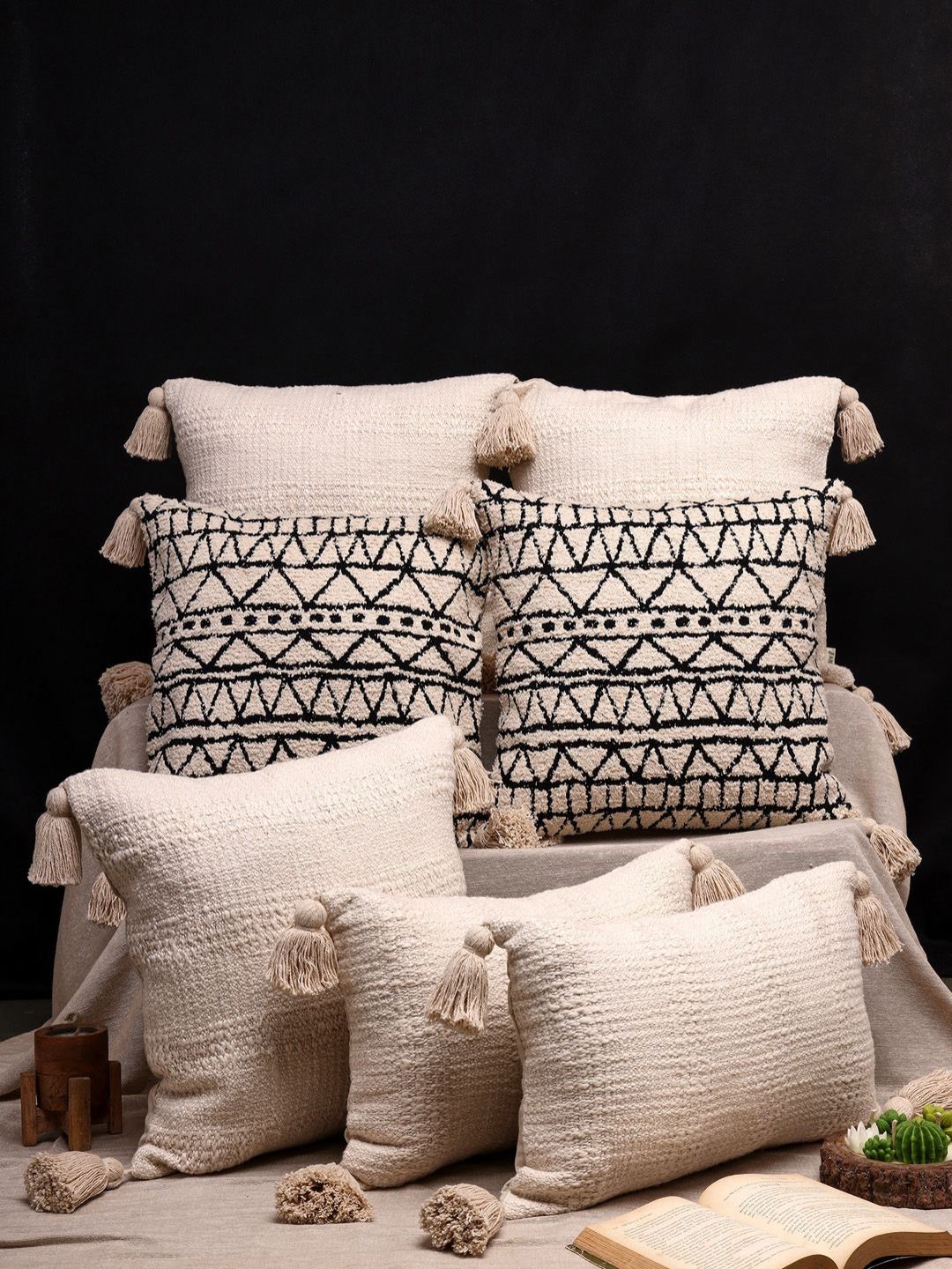 ANWYN Black & Cream 7 Pcs Self Design Textured Jacquard Square Tasselled Cushion Covers-picture-27