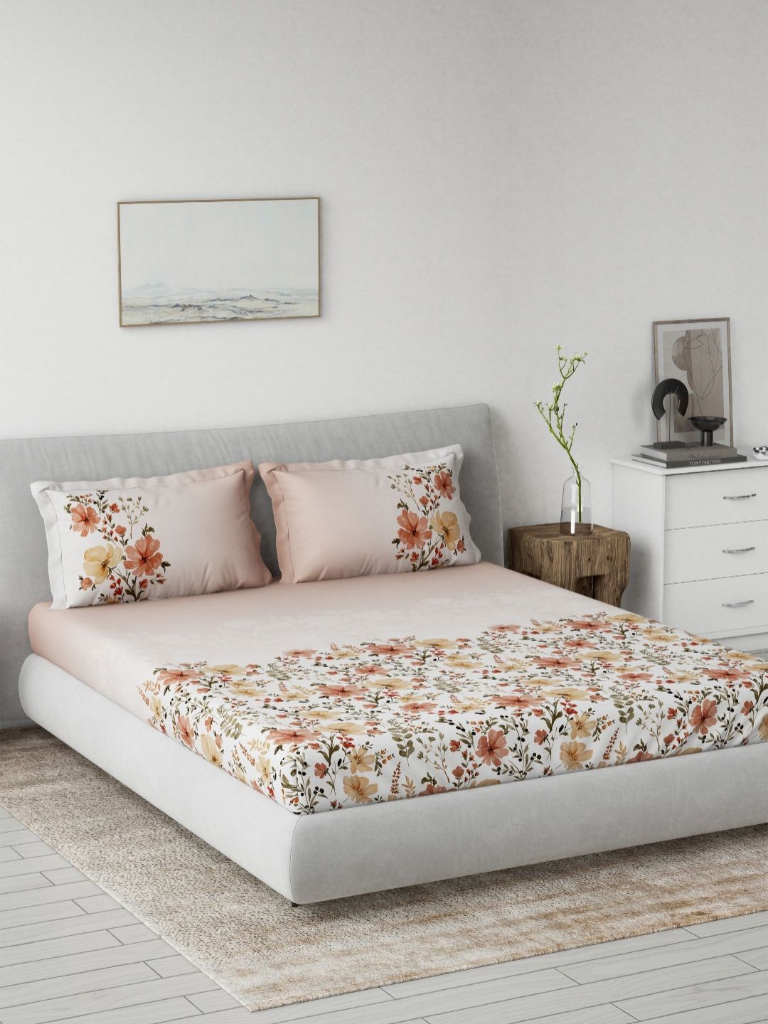 DDecor Off White Printed Pure Cotton 144 TC King Bedsheet Set 2.29m x 2.74m-image-49