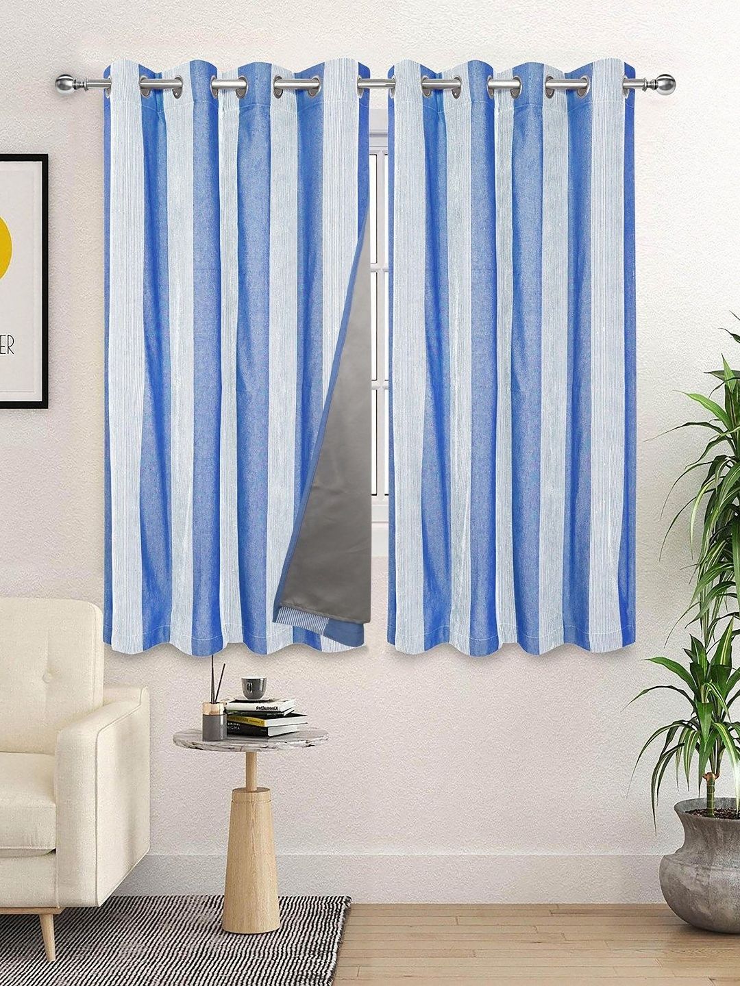 Saral Home Blue & White 2 Pieces Striped Cotton Black Out Window Curtains-picture-31