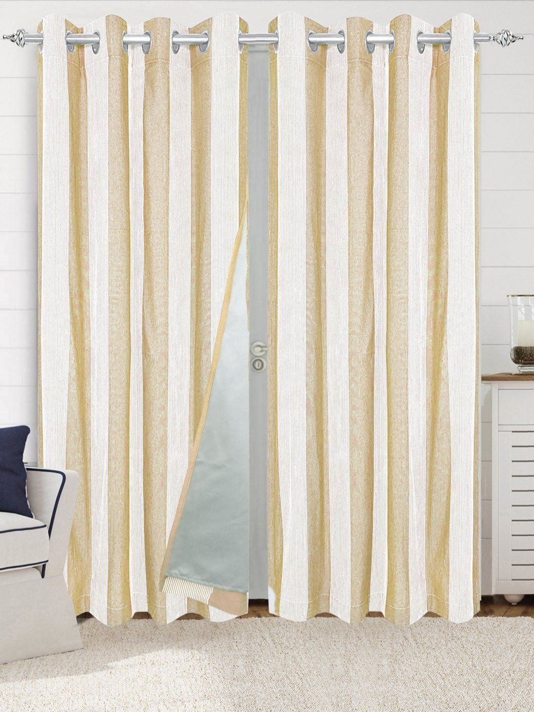 Saral Home Beige & White 2 Pieces Striped Cotton Black Out Long Door Curtains-picture-17