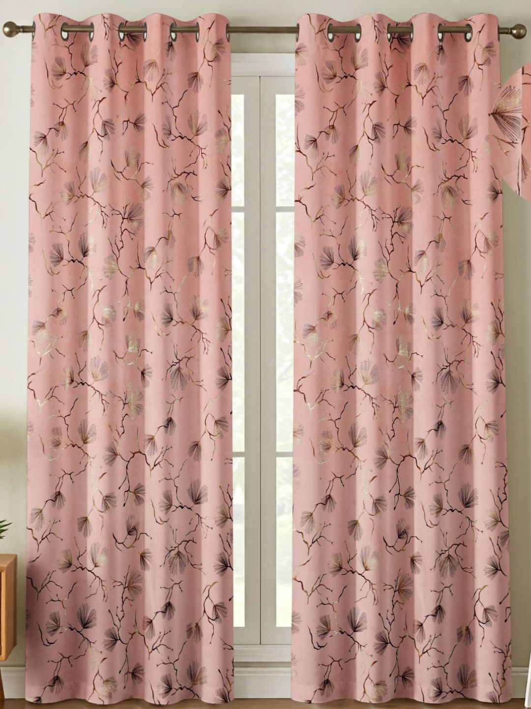 GEET CREATIONS Pink & Gold-Toned Floral Printed Room Darkening Velvet Long Door Curtain-picture-10