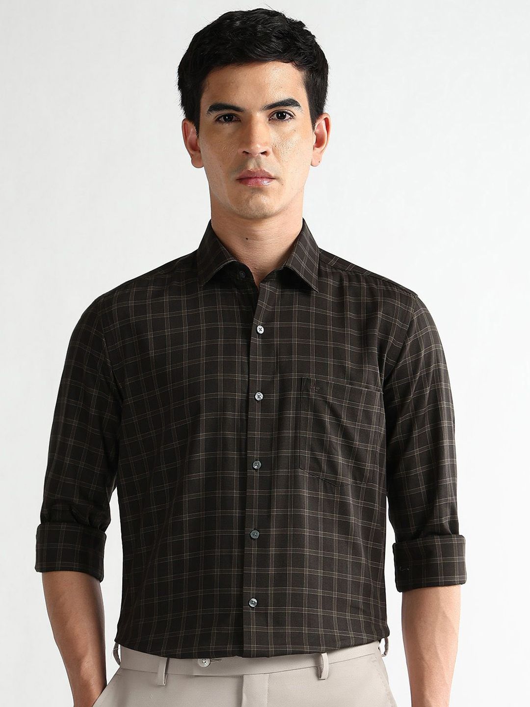 Arrow Men Slim Fit Windowpane Checked Spread Collar Cotton Formal Shirt-image-45