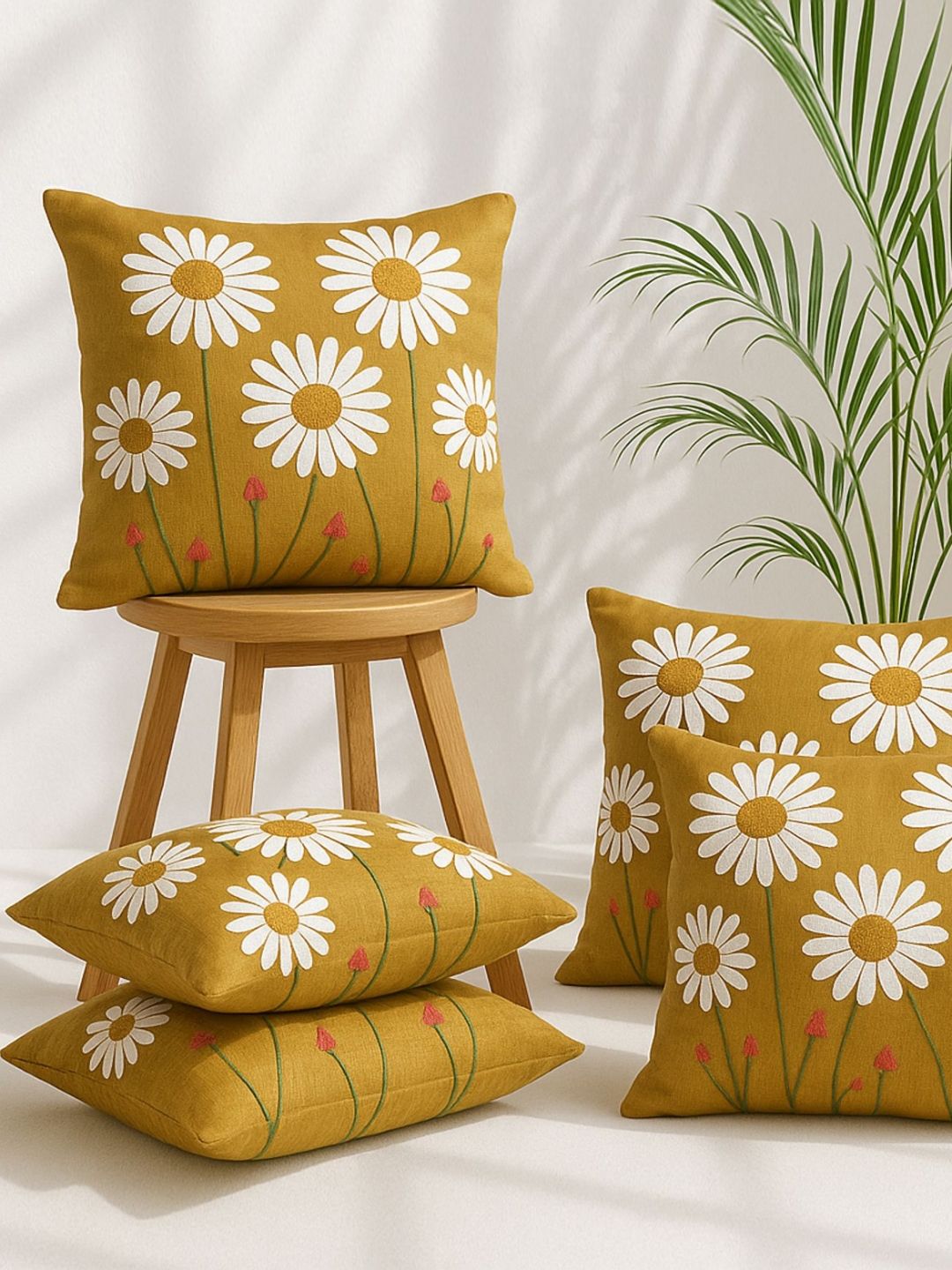 MFD HOME FURNISHING Camel Brown & White Set of 5 Floral Square Cushion Covers-picture-38