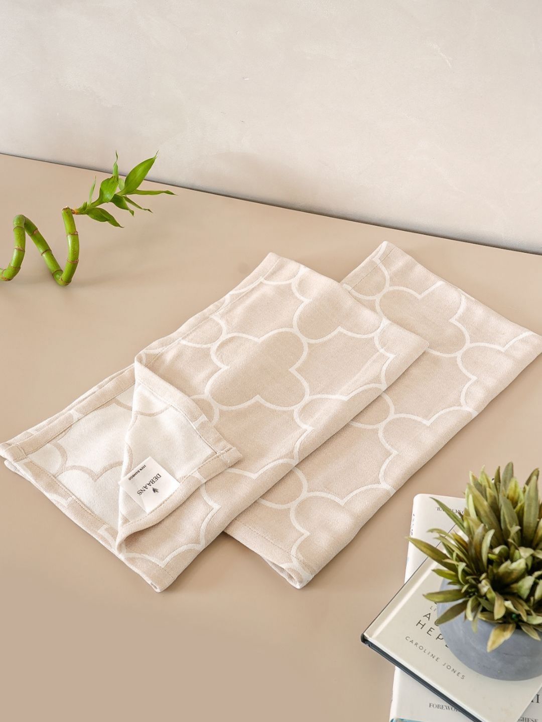 DEBAANS Cream & White 2 Pieces Printed 270 GSM Hand Towels-image-2